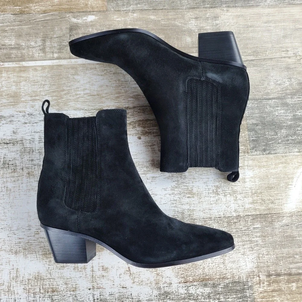 Veronica‎ Beard Alina Womens Chelsea Boots Sz 7 M Black Suede Leather Block Heel